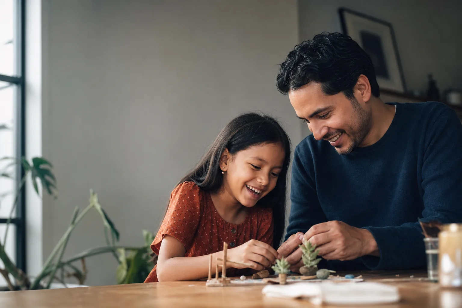 Un papá y su hija compartiendo un momento creativo en casa